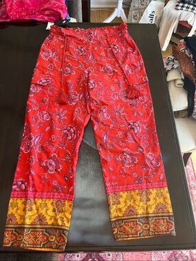 Sundance Red Floral Elastic-Waist Pants with Pink Accents